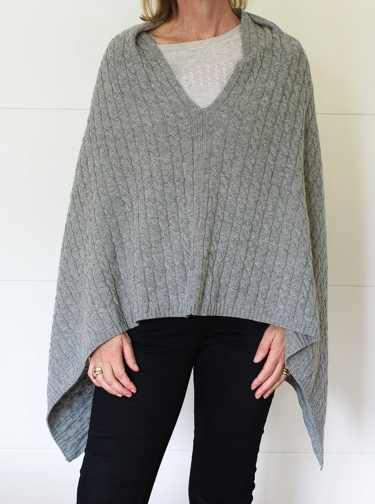 3-Ply Cable Knit Poncho - Felt Grey