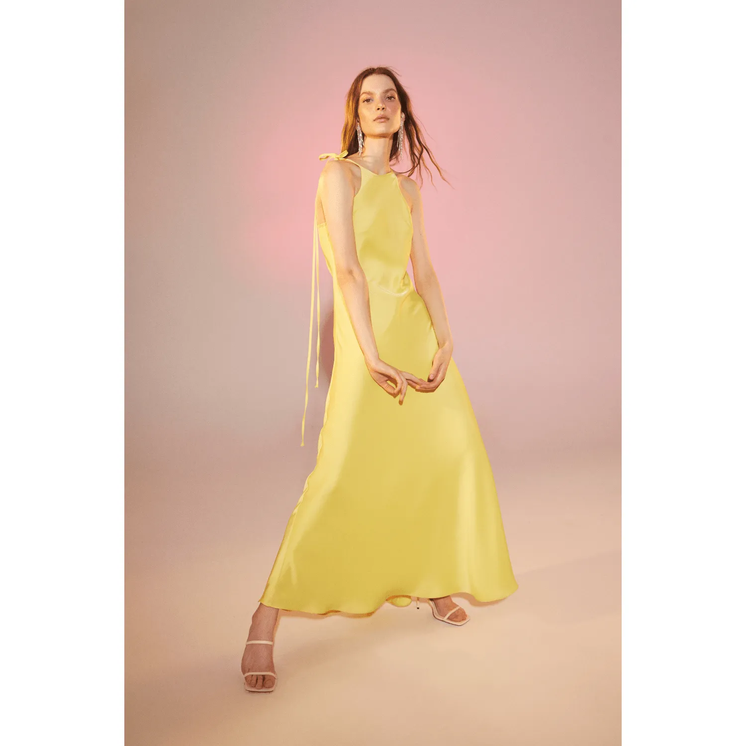 Addie Satin Long Dress in Lime Light