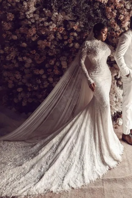 Amazing Column Lace High Neck Long Sleeve White Long Wedding Dress With Appliques Train