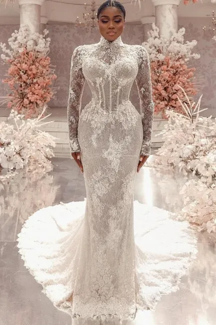 Amazing Column Lace High Neck Long Sleeve White Long Wedding Dress With Appliques Train