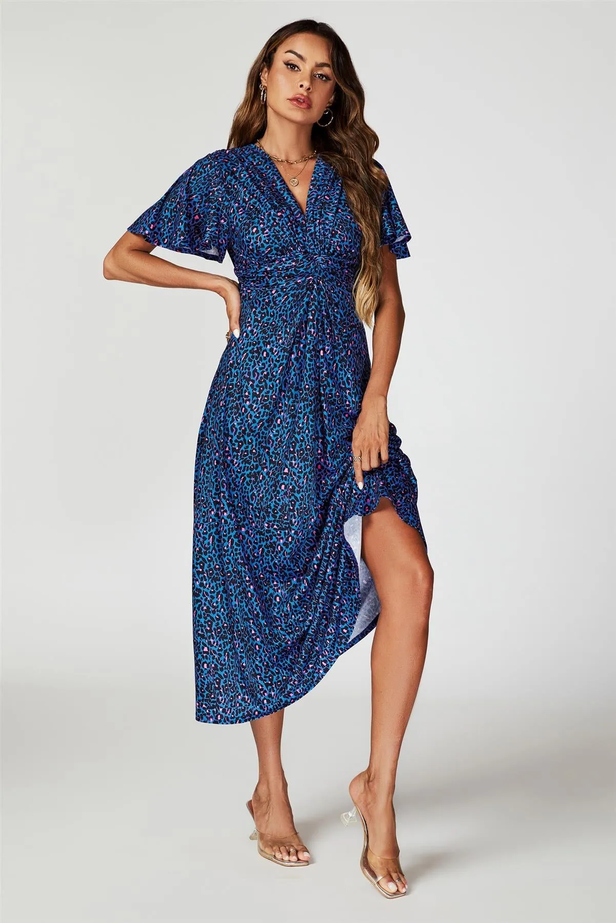 Animal Print Angel Sleeve Twist Midi Dress In Blue