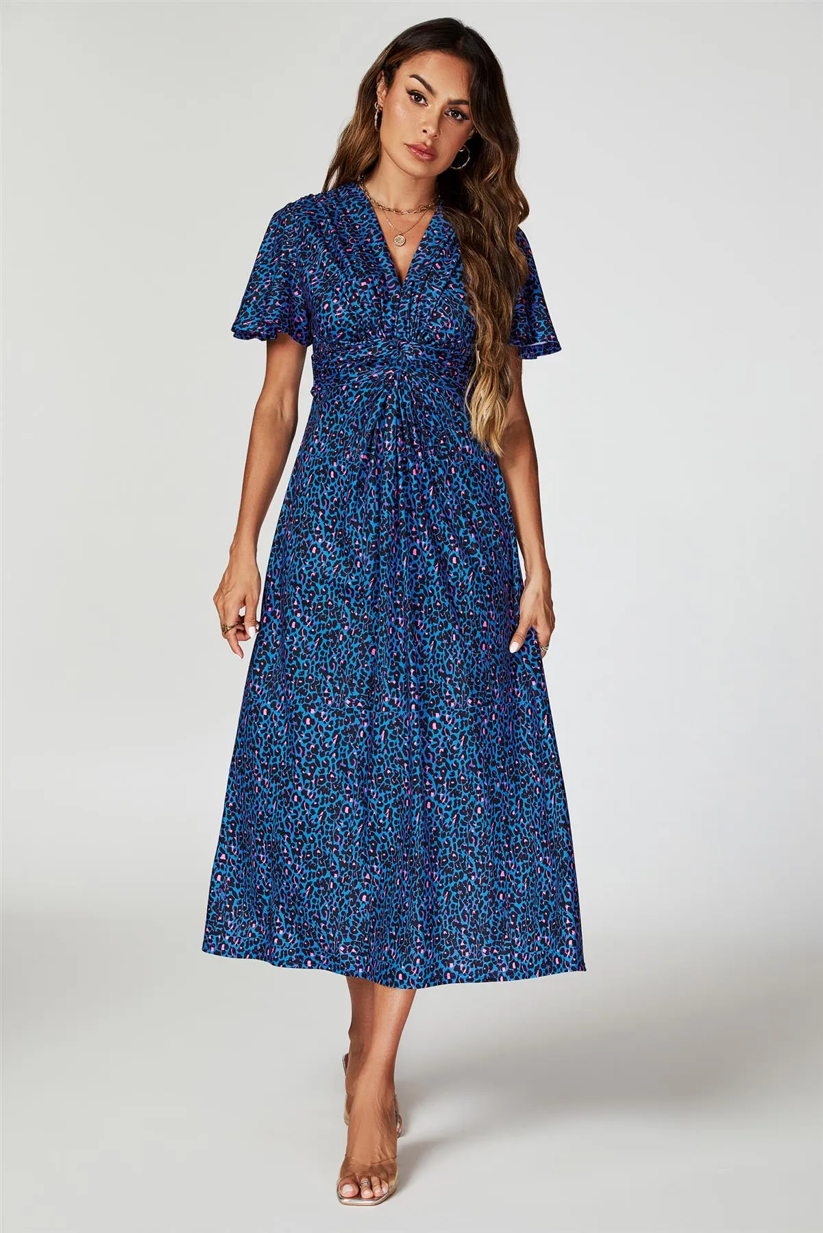 Animal Print Angel Sleeve Twist Midi Dress In Blue