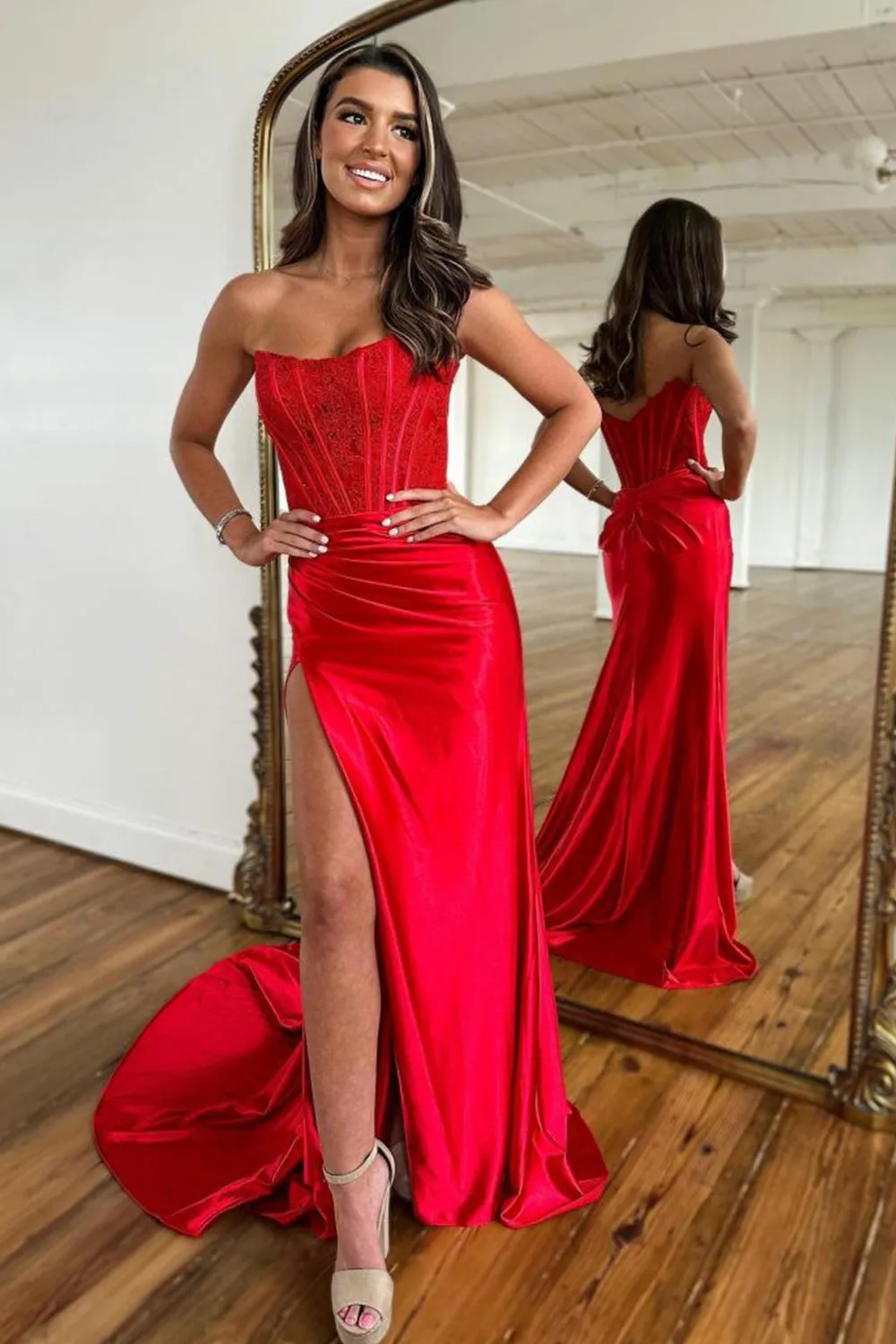 Arielle |Sheath Strapless Corset Satin Prom Dress with Slit