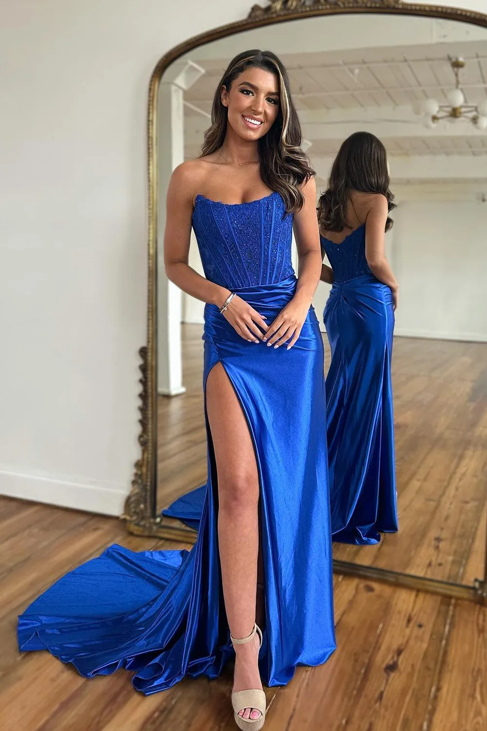 Arielle |Sheath Strapless Corset Satin Prom Dress with Slit