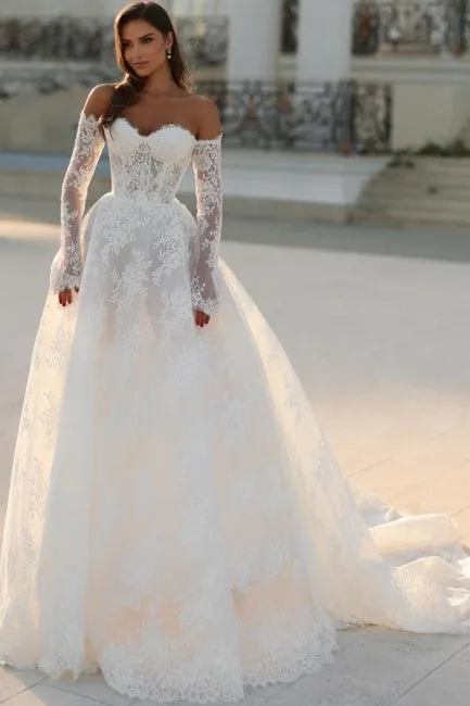 Attractive Long White A-line Off-the-shoulder Lace Wedding Dress with Long Sleeves