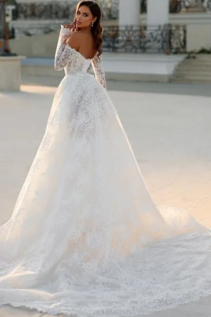 Attractive Long White A-line Off-the-shoulder Lace Wedding Dress with Long Sleeves