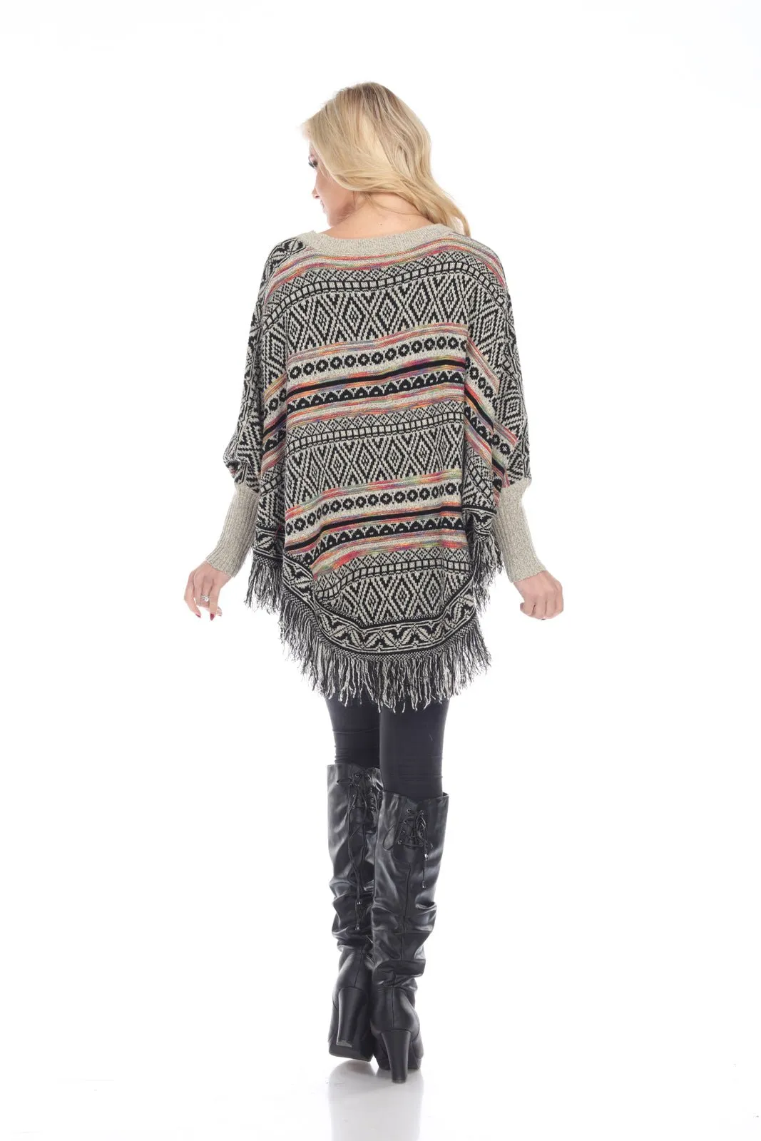 Aztec Diamond Fringed Sleeved Poncho