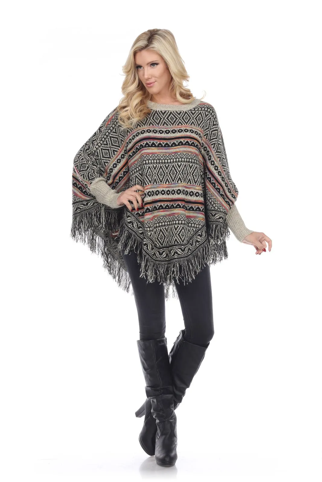 Aztec Diamond Fringed Sleeved Poncho