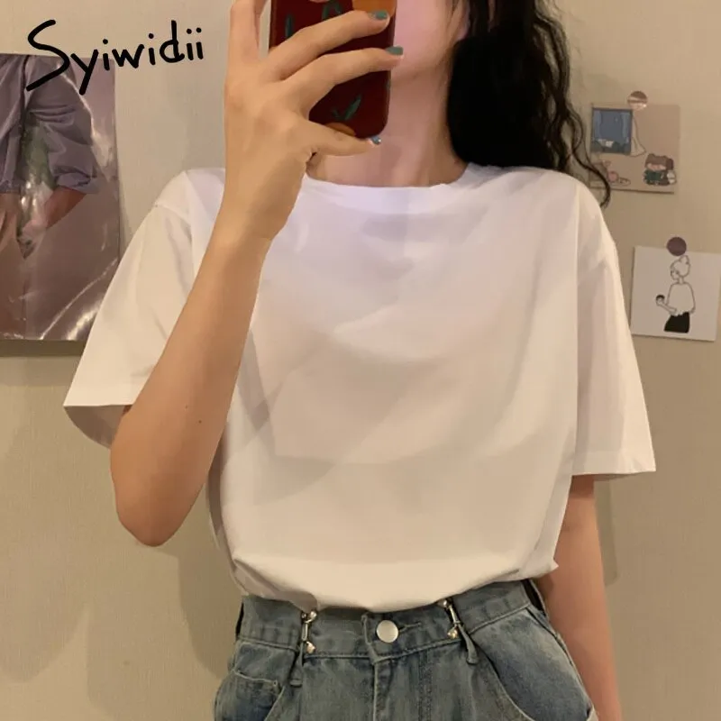 Back to College Joskaa Casual T-shirts Women Short Sleeve Tops O-Neck White Clothes 2024 Summer Cotton Korean Fashion Minimalist Style Shirts