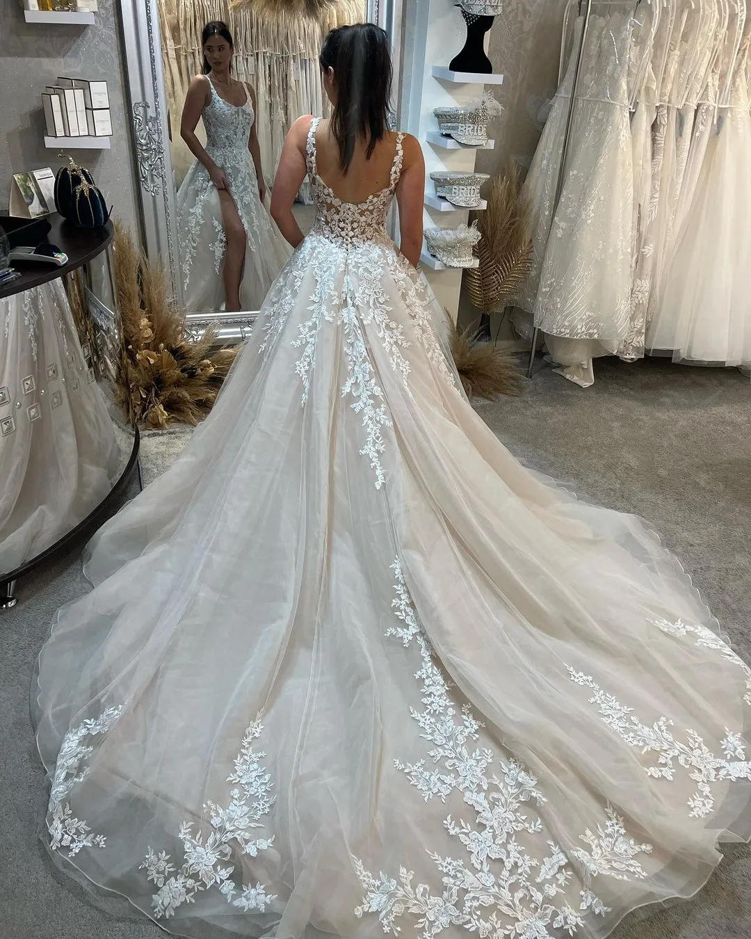 Beautiful Floor Length Sleeveless Straps A-Line Lace Wedding Dress with Split