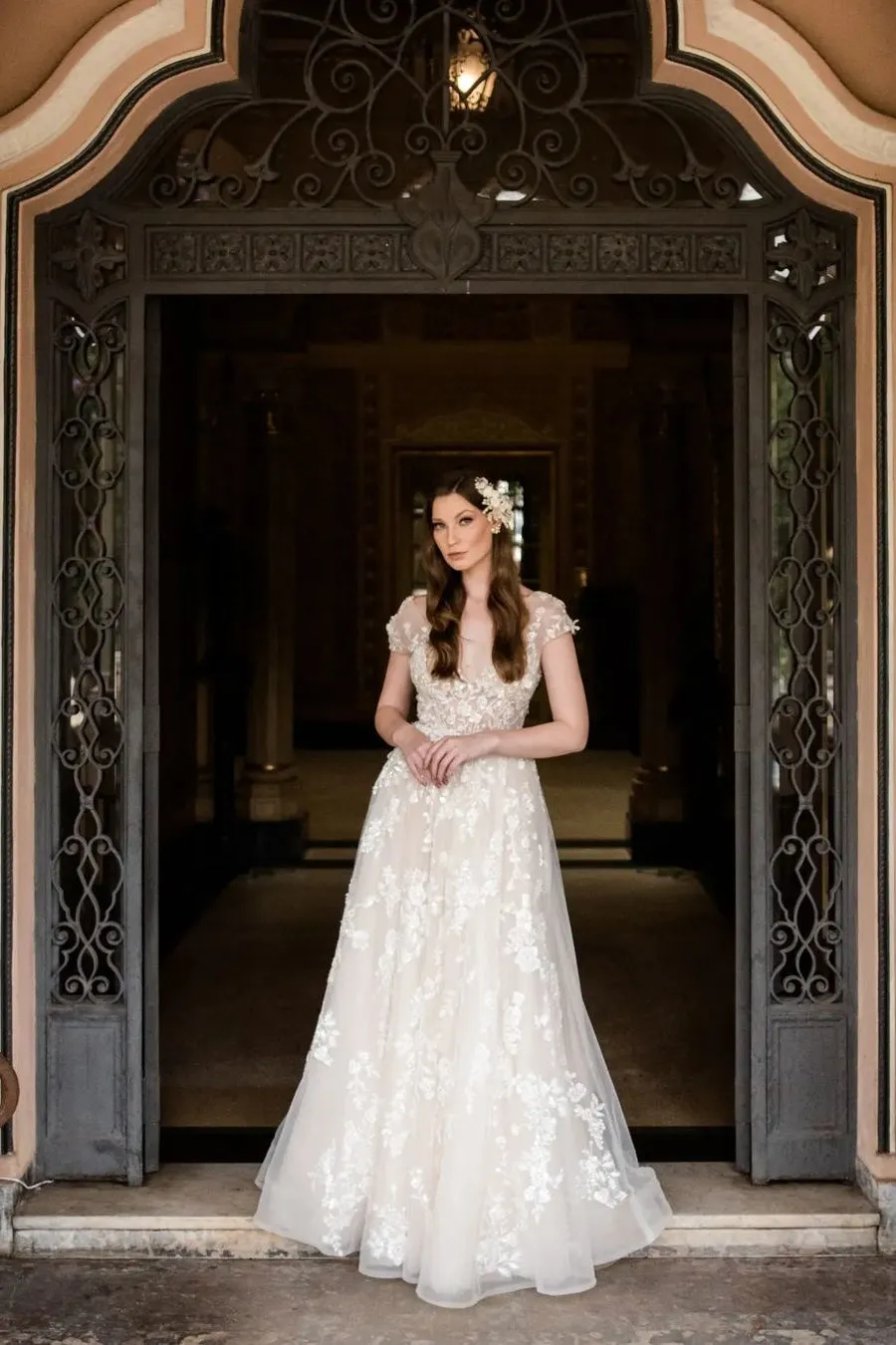 Beautiful Long A-line V-neck Lace Wedding Dresses With Cap Sleeves