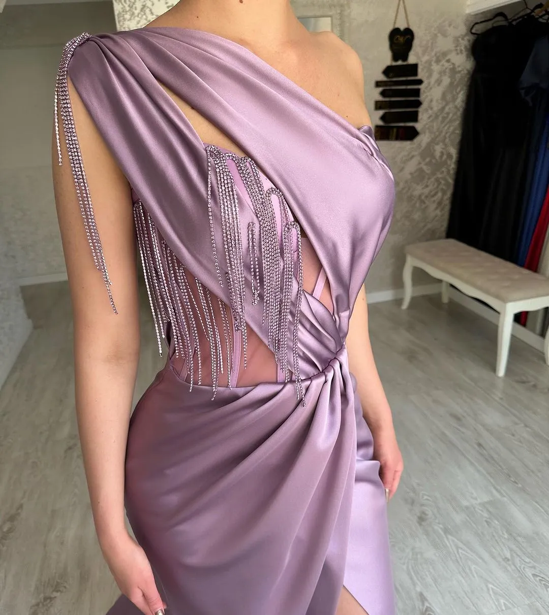 Beautiful Long Purple One Shoulder Beading Sleeveless Prom Dress With Slit