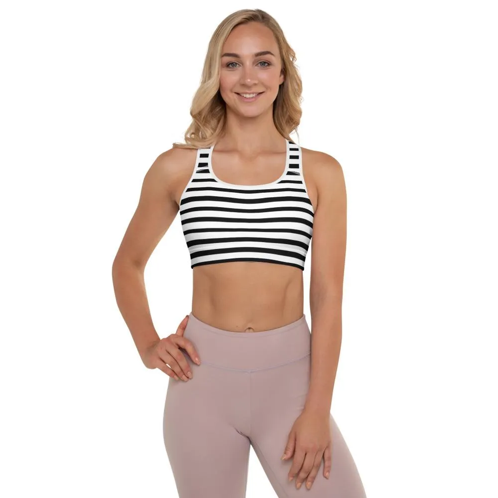 Black Striped Padded Sports Bra, White and Black Horizontal Minimalist Stripe Print Yoga Bra- Made in USA/ EU/ MX