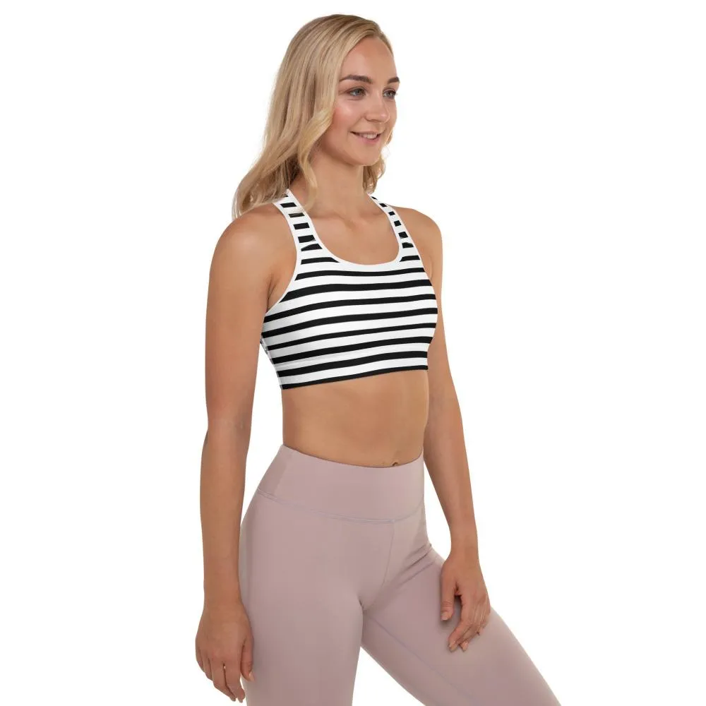 Black Striped Padded Sports Bra, White and Black Horizontal Minimalist Stripe Print Yoga Bra- Made in USA/ EU/ MX