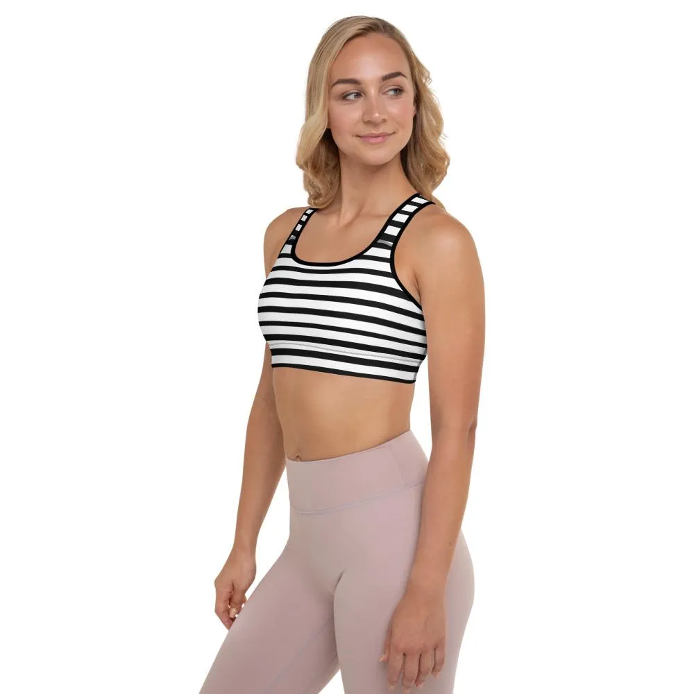 Black Striped Padded Sports Bra, White and Black Horizontal Minimalist Stripe Print Yoga Bra- Made in USA/ EU/ MX