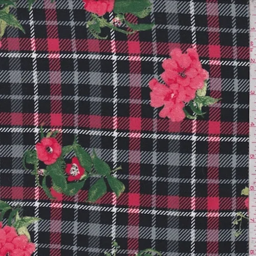 Black/Coral Plaid Floral Double Brushed Jersey Knit Fabric