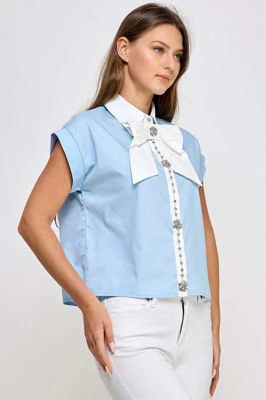 Blue Big Ribbon N Rhinestone Detail Shirt