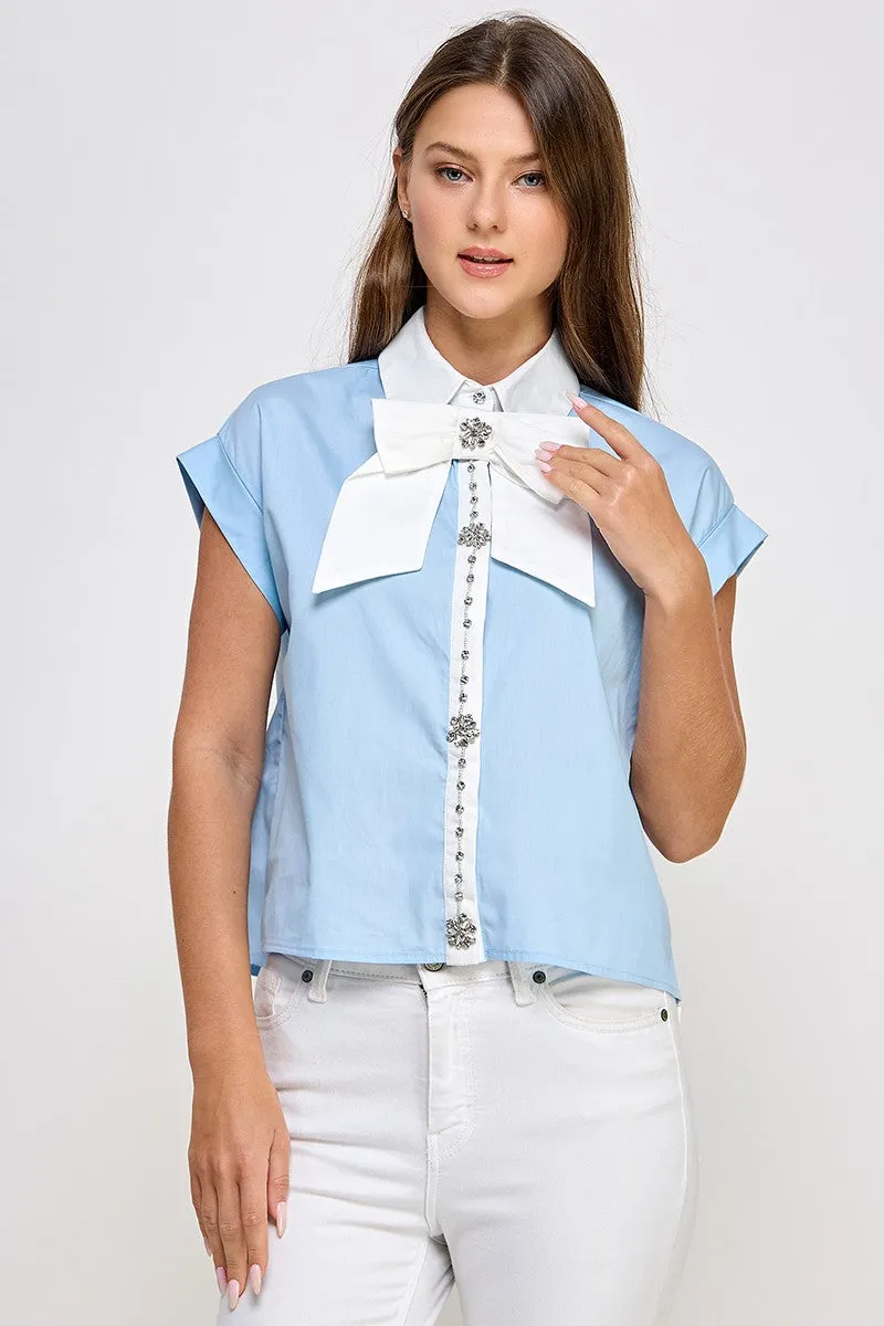 Blue Big Ribbon N Rhinestone Detail Shirt