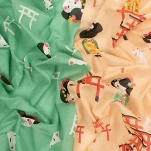 Border Printed Cotton Voile Design-14 Kimono Dolls on Green/Orange