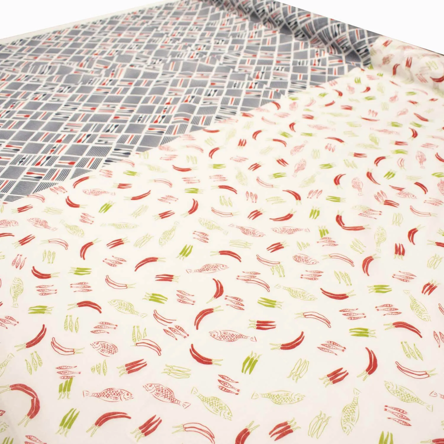 Border Printed Cotton Voile Design-23 Navy Tableware Checks on White/Red Chili & Fish on White