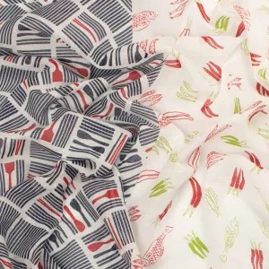 Border Printed Cotton Voile Design-23 Navy Tableware Checks on White/Red Chili & Fish on White