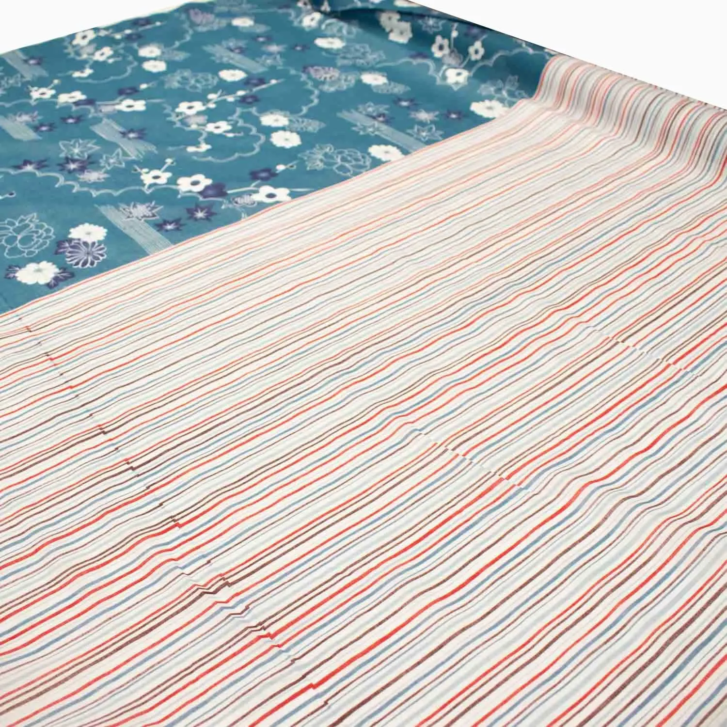 Border Printed Cotton Voile Design-32 Red & Blue Stripes on White/Flowers & Leaves on Blue