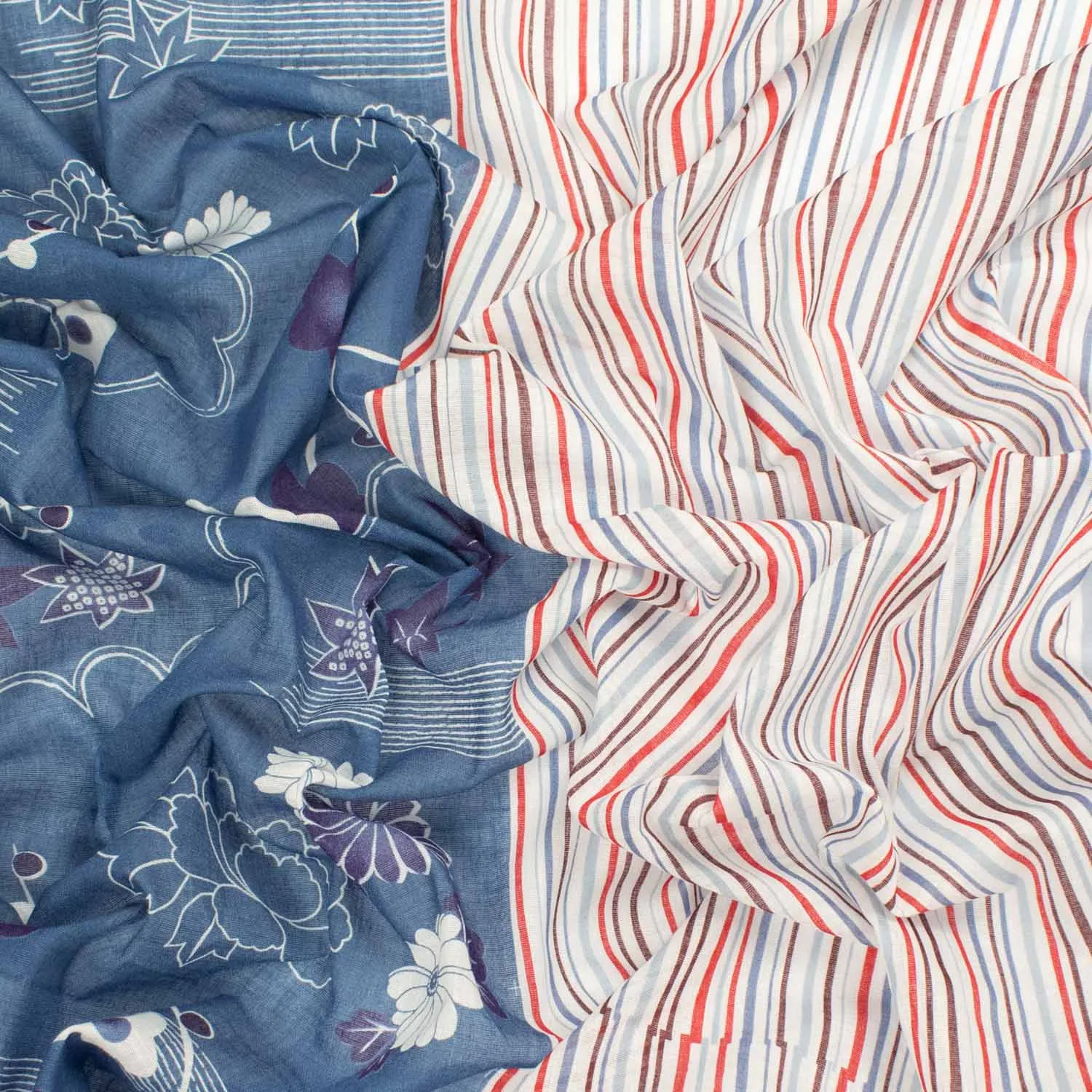 Border Printed Cotton Voile Design-32 Red & Blue Stripes on White/Flowers & Leaves on Blue