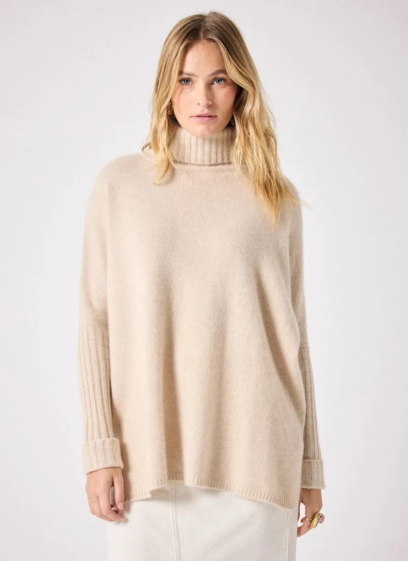 Cashmere Turtleneck Poncho with Ribbed Sleeves