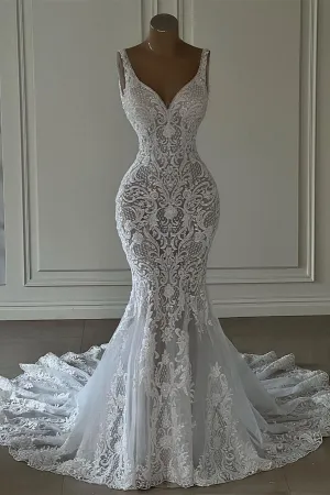 Chic Long Mermaid V-neck Sleeveless Wedding Dress With Lace