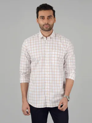 Cream Checked Slim Fit Casual Shirt | Greenfibre