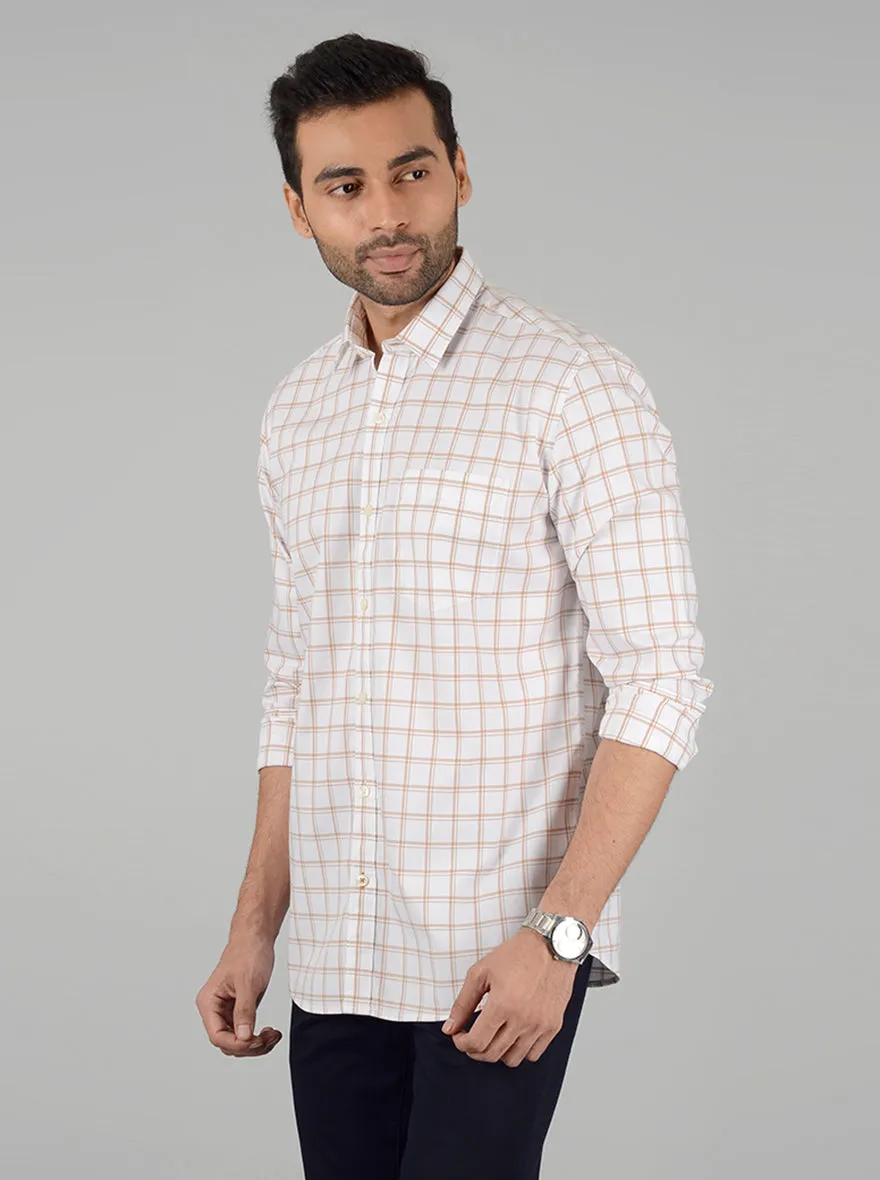 Cream Checked Slim Fit Casual Shirt | Greenfibre