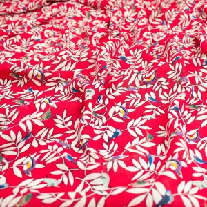 Crinkle Cotton Prints Design-3 White Leaves & Birds on Red