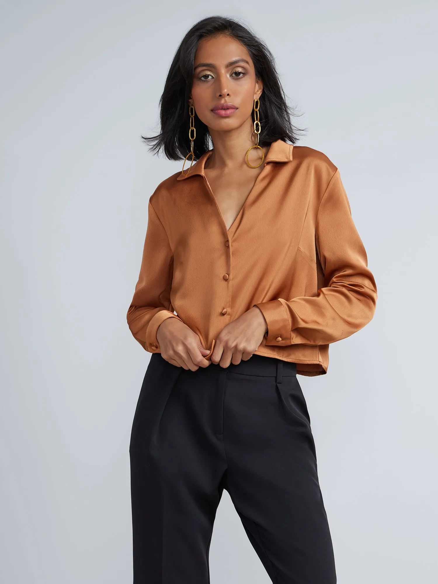 Cropped Button-Front Satin Shirt