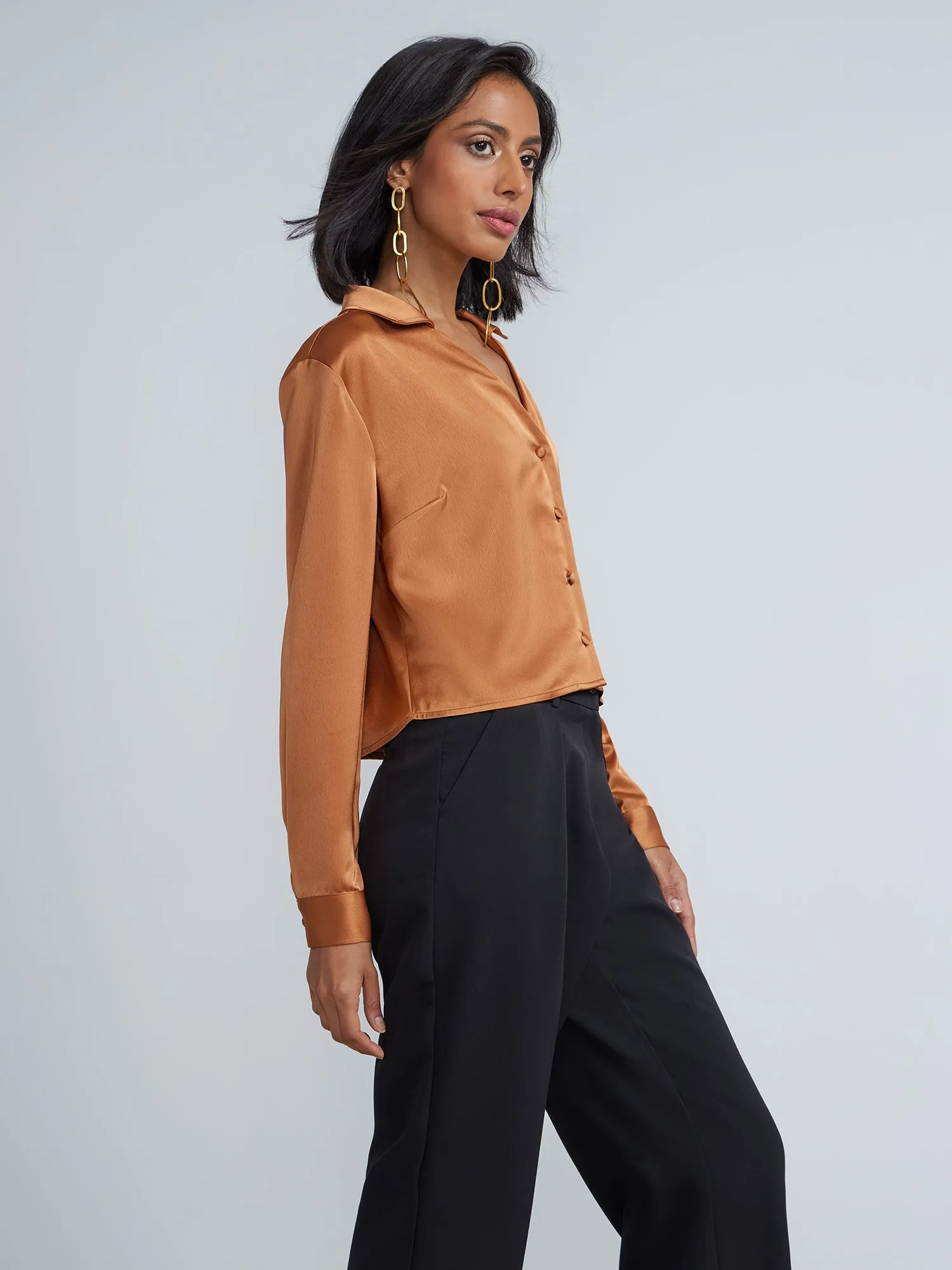 Cropped Button-Front Satin Shirt