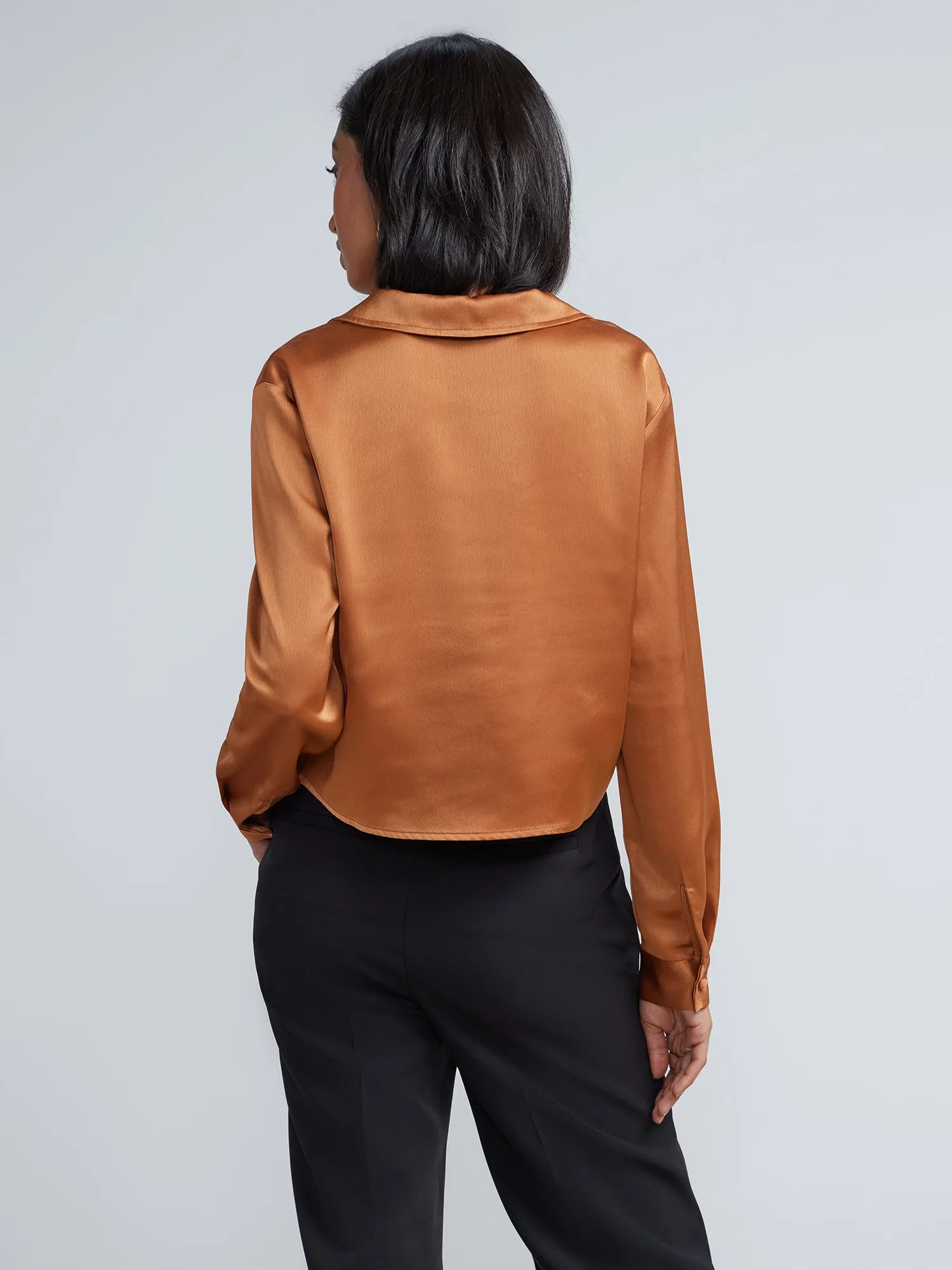 Cropped Button-Front Satin Shirt