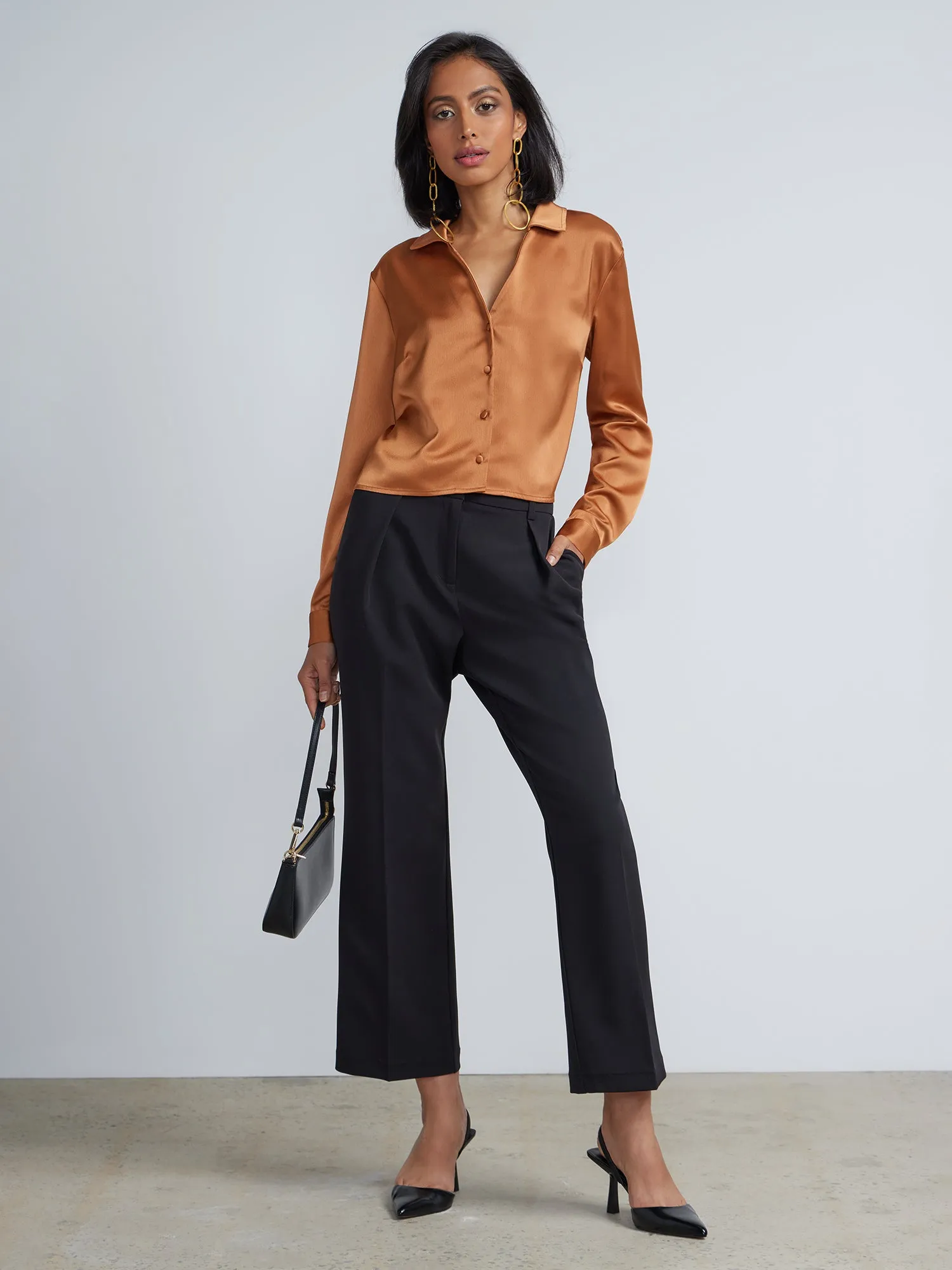 Cropped Button-Front Satin Shirt