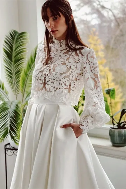 Designer Long A-line High Neck Lace Wedding Dresses With Long Sleeves