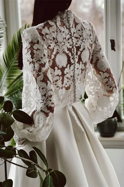 Designer Long A-line High Neck Lace Wedding Dresses With Long Sleeves