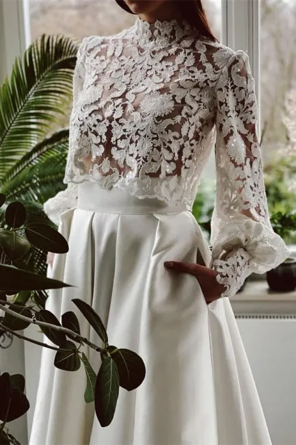 Designer Long A-line High Neck Lace Wedding Dresses With Long Sleeves