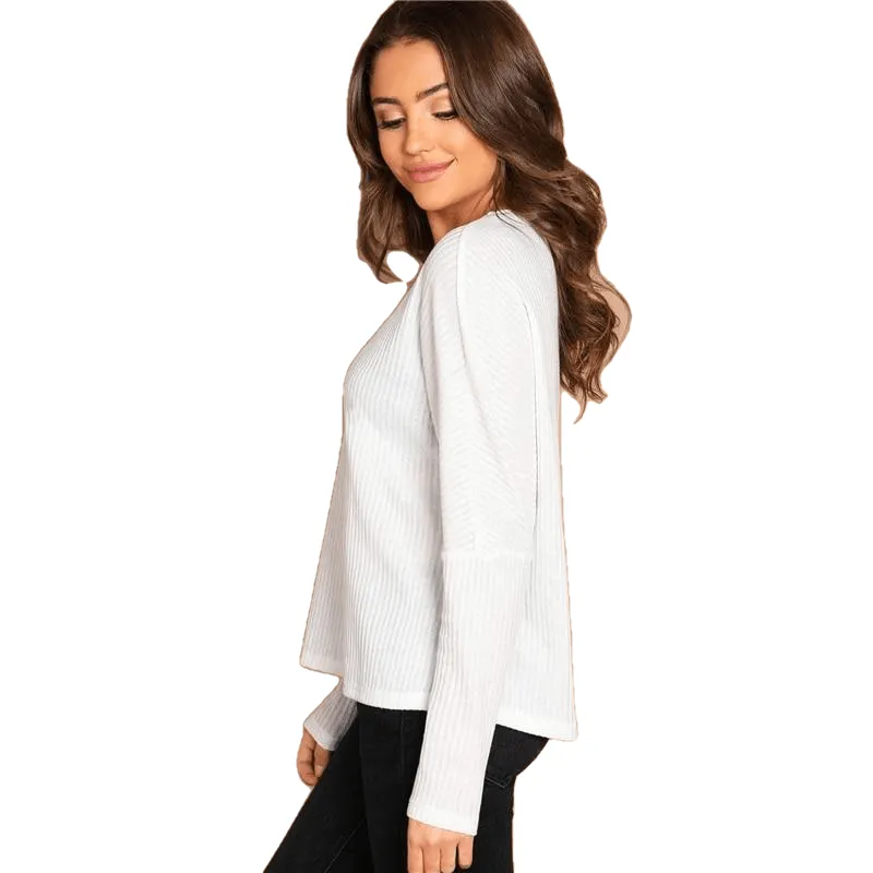 Elegant Casual White Solid Rib-Knit Tee Plain Round Neck Long Sleeve Stretchy For Women