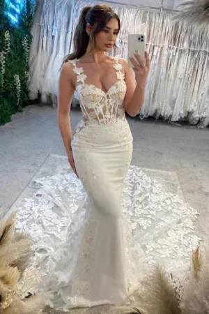 Elegant Column Lace Spaghetti Straps Sleeveless White Wedding Dress With Appliques Train