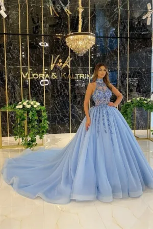 Elegant Long Blue A-line Halter Sleeveless Beading Prom Dresses With Glitter