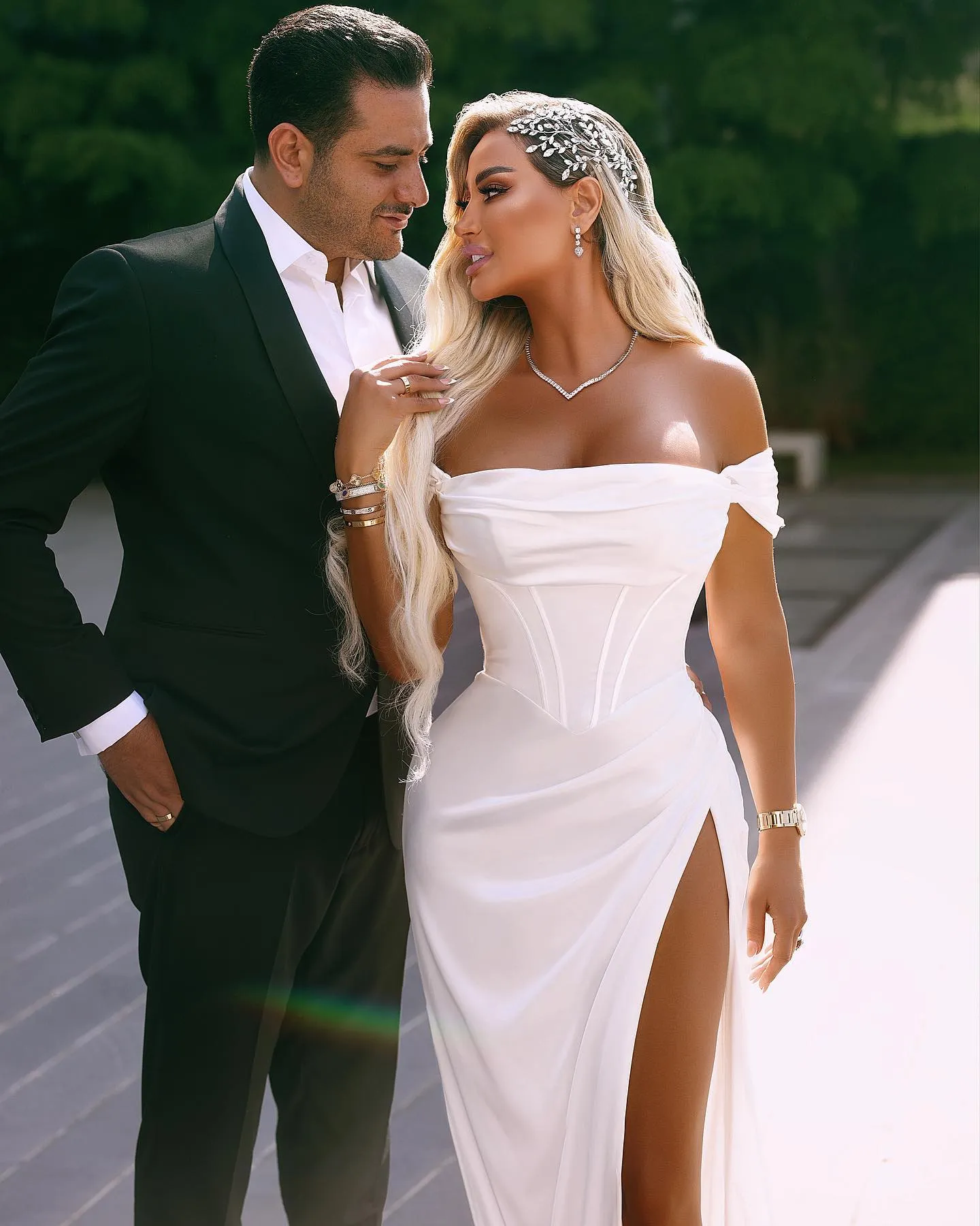 Elegant Long Off-the-shoulder Satin Wedding Dress With Slit