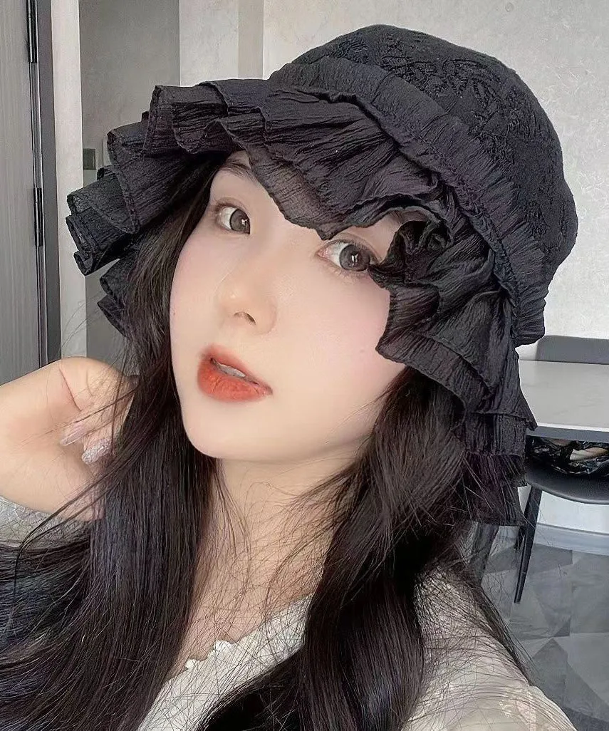 Fashion Black Hollow Out Lace Ruffles Bucket Hat YU1016