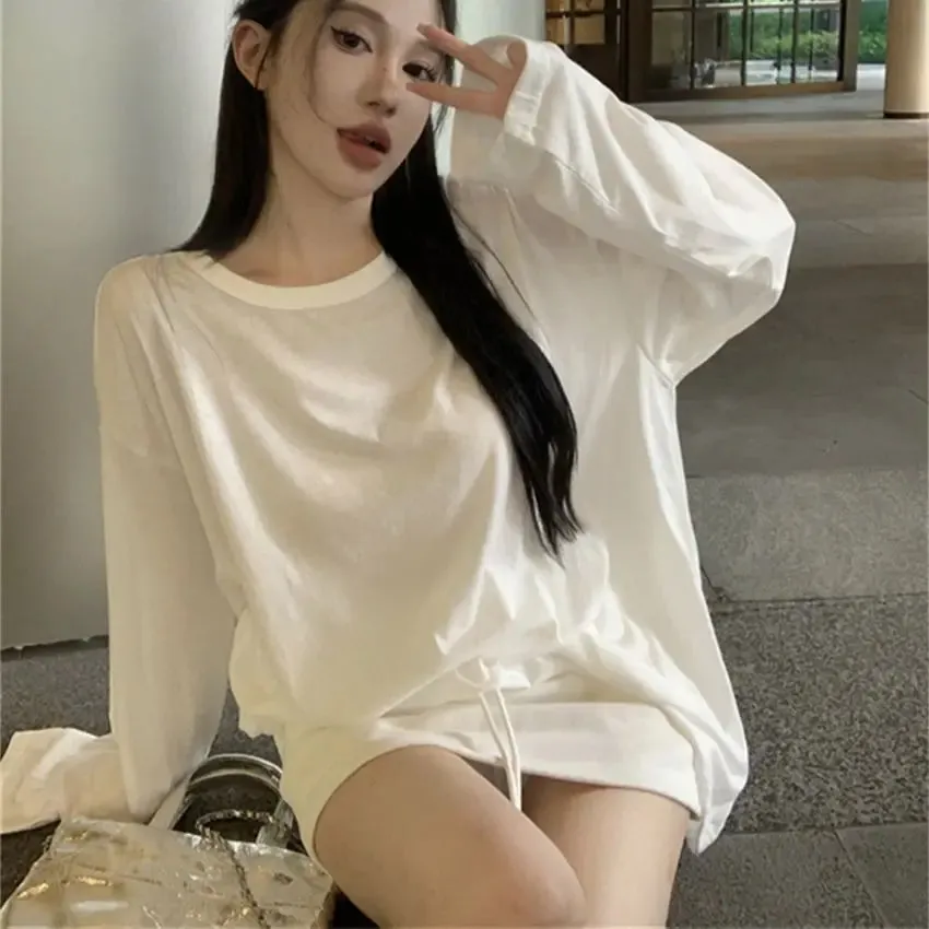 Girlary S-M Oversize T-Shirts Women Chic Loose Sunscreen Autumn Daily Full Sleeve New OL Casual Minimalist High Street Tees