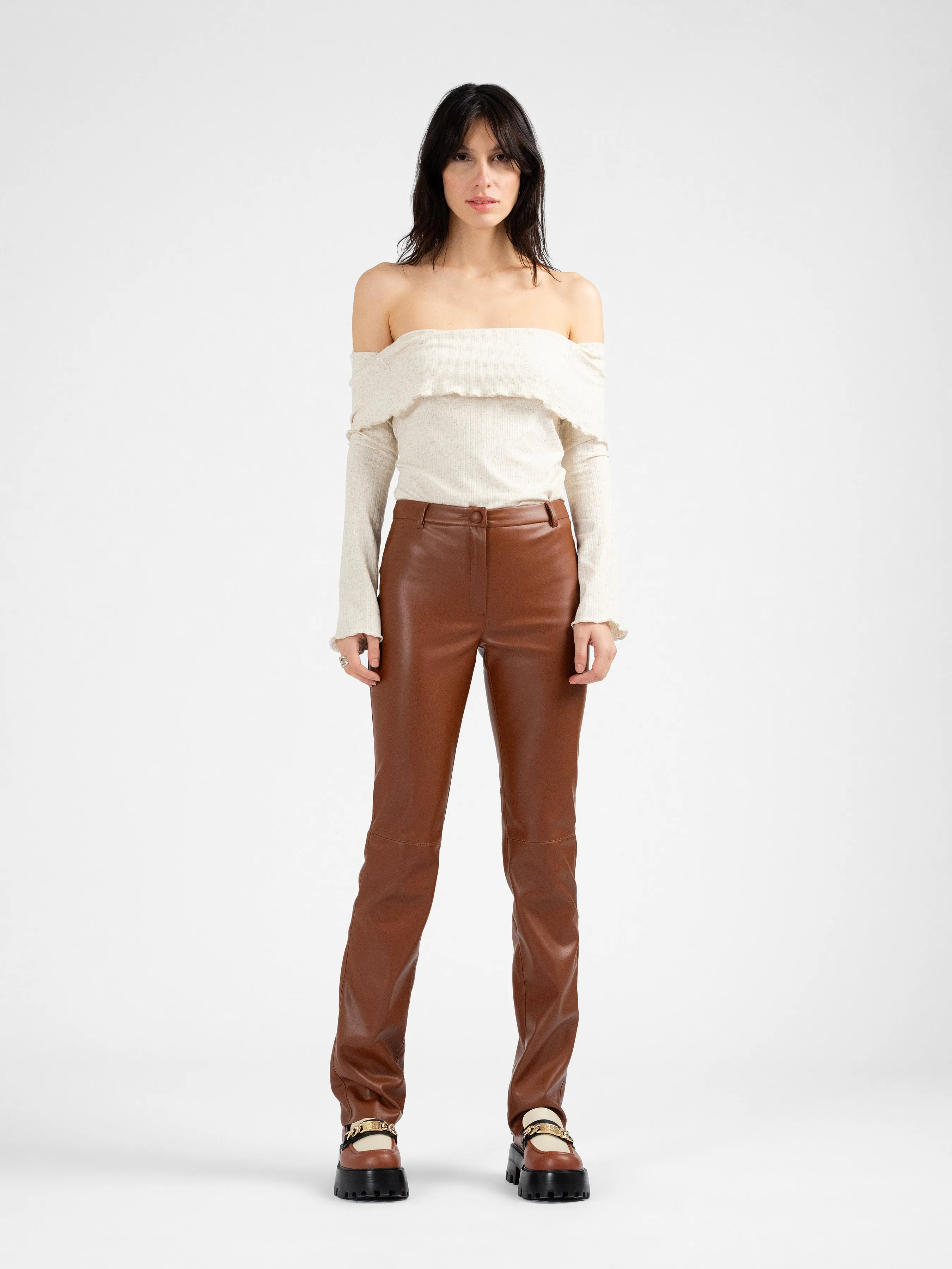 HATTIE brown vegan leather cigarette trousers