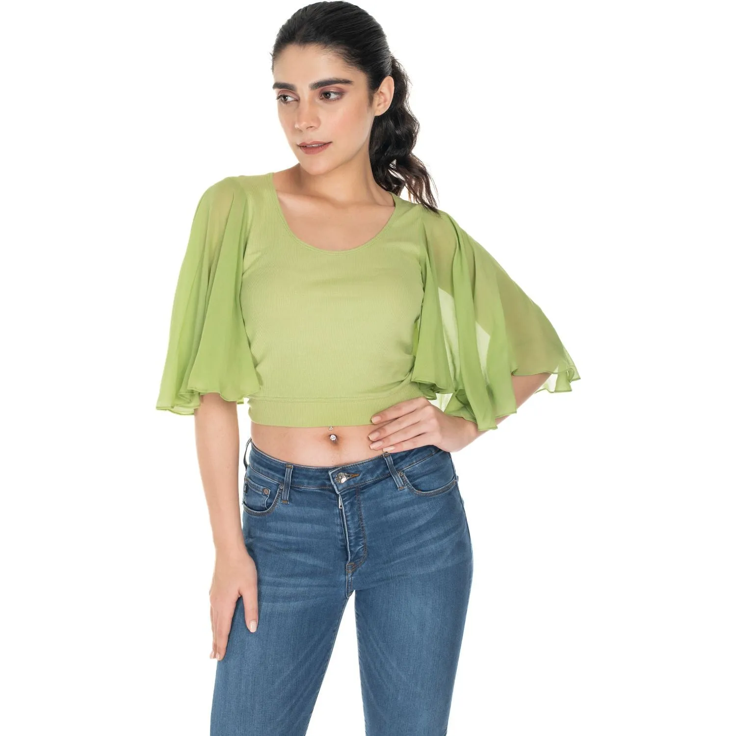 Hosiery Deep Neck Blouses - Butterfly Sleeves - Regular Size