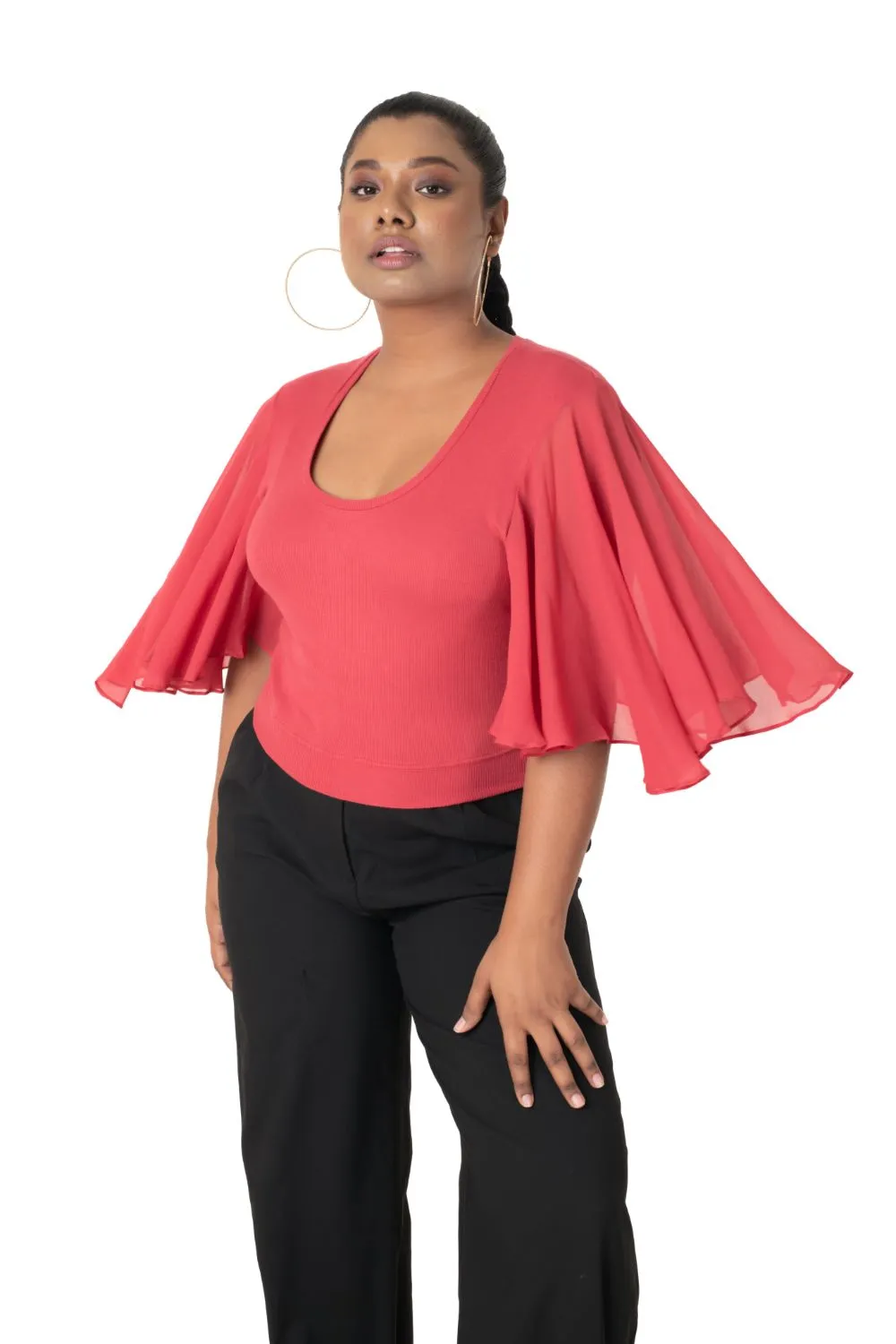 Hosiery Deep Neck Blouses - Butterfly Sleeves - Regular Size