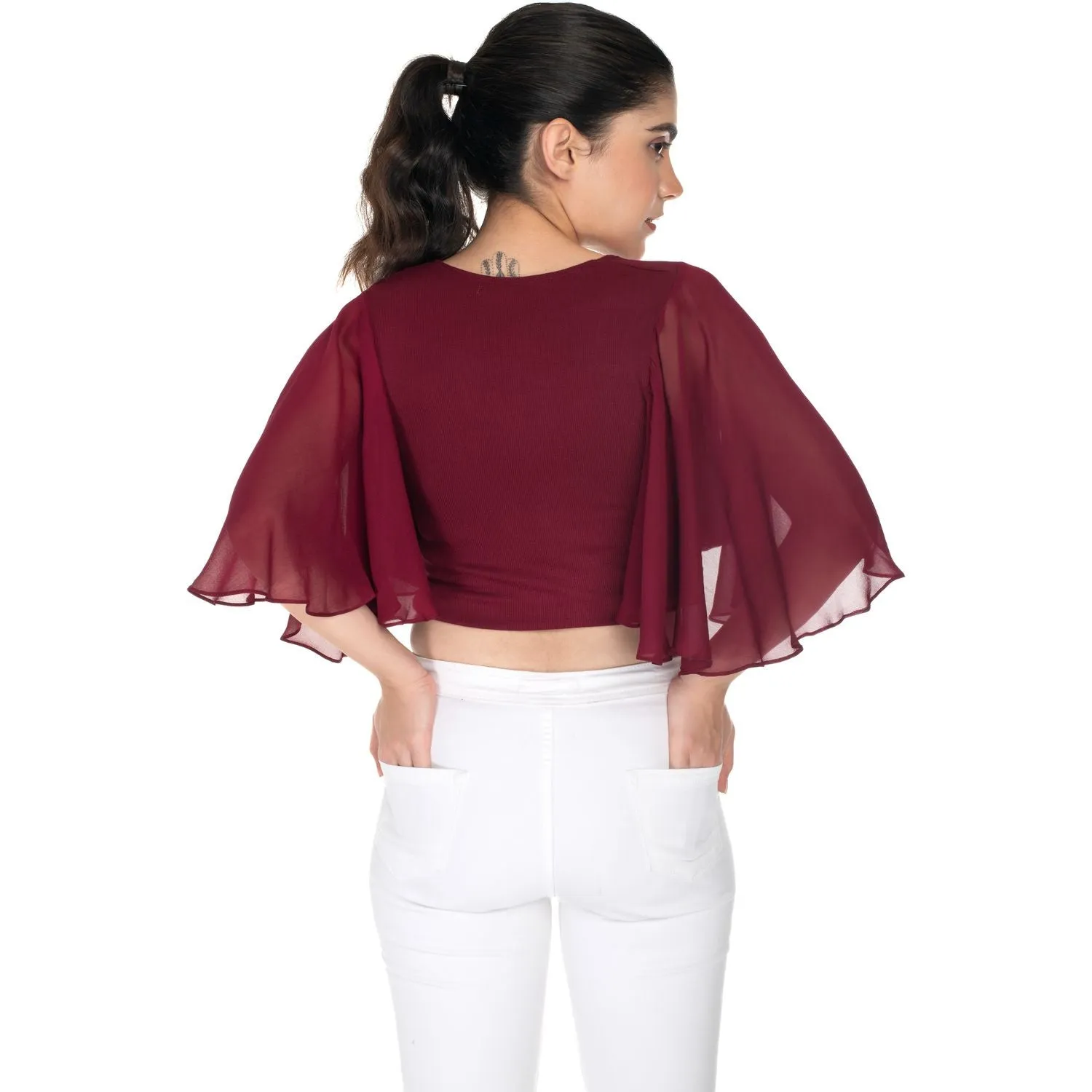 Hosiery Deep Neck Blouses - Butterfly Sleeves - Regular Size