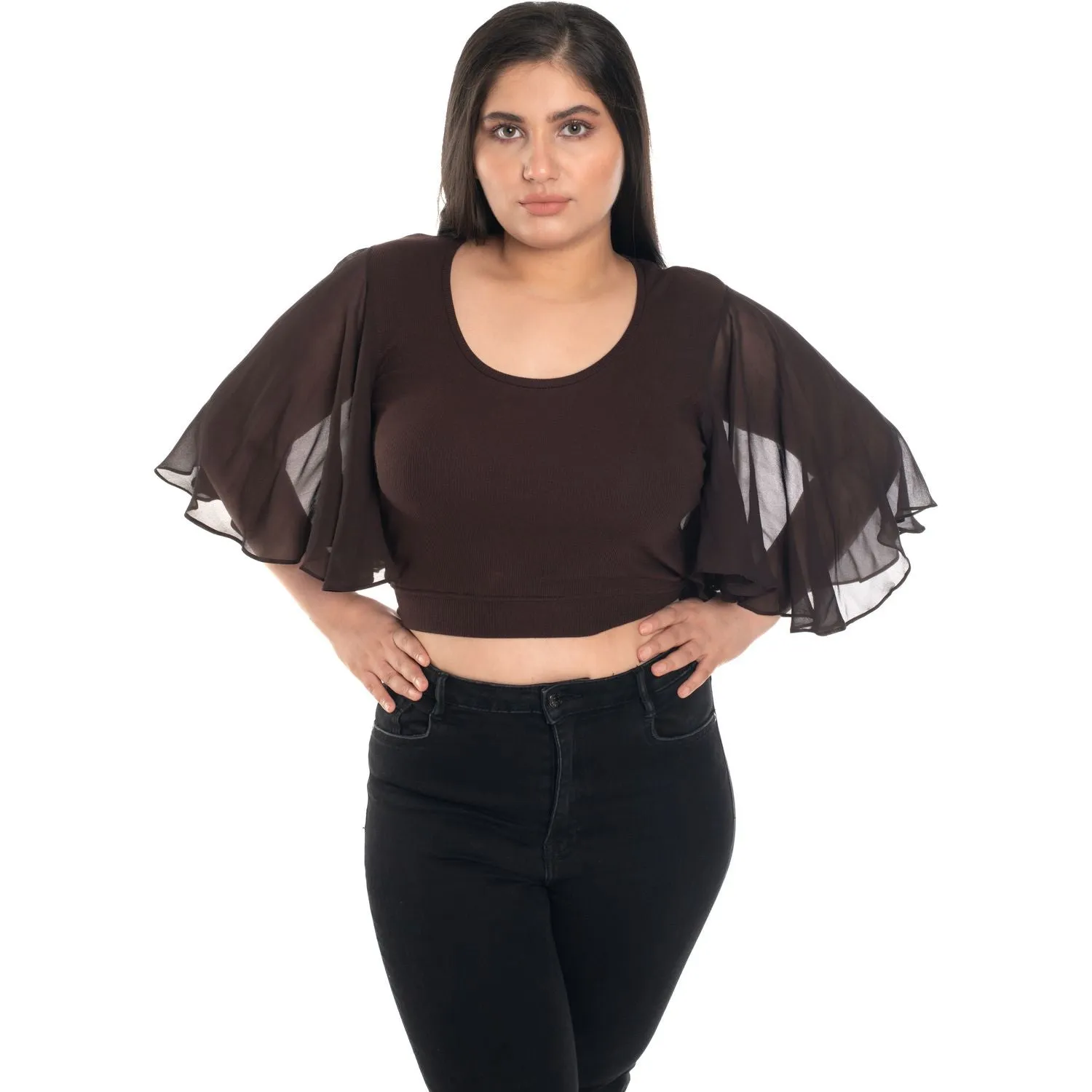 Hosiery Deep Neck Blouses - Butterfly Sleeves - Regular Size